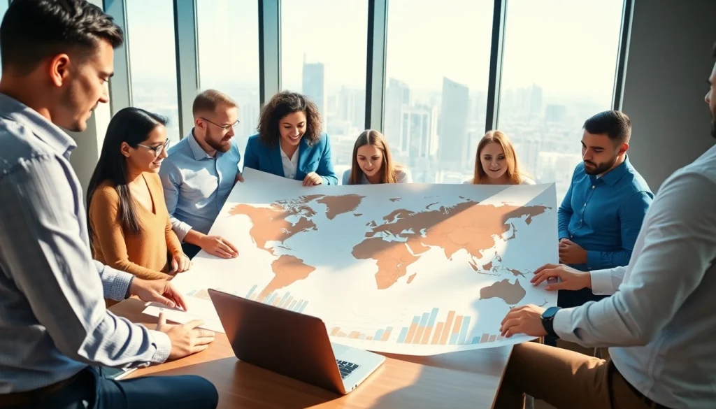 Engaged investors exploring international real estate investing opportunities around a map.