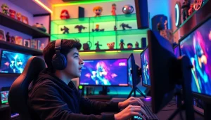 Engaged gamer at https://gamelevate.com, showcasing high-tech gaming gear in a vibrant setup.