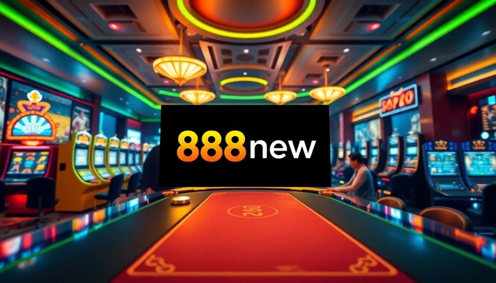 Exciting gaming scene featuring 888new logo and online betting options in a vibrant casino setting.