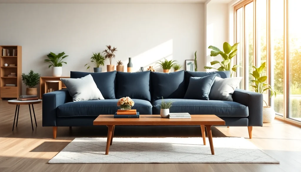 Cozy navy blue sofa bed enhances comfort in a bright living room setting.