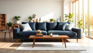 Cozy navy blue sofa bed enhances comfort in a bright living room setting.