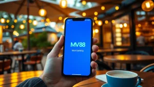 MV 88 app interface displayed on a smartphone at a café, symbolizing secure online transactions.
