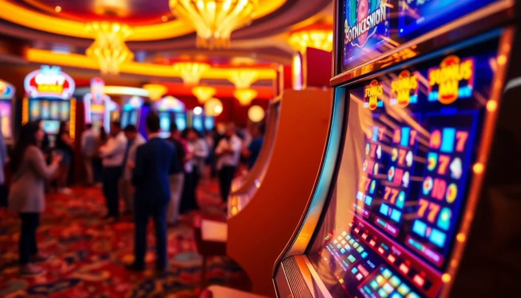 Menampilkan slot dengan sekeliling kasino berwarna-warni yang penuh kehidupan dan energi.