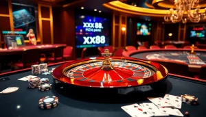 Experience high-stakes gameplay at https://xx88.pizza/ with a vibrant casino scene showcasing poker chips and a roulette wheel.