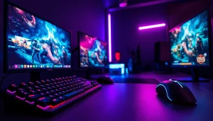 Engaging gaming workspace with vj88 branding, featuring dual monitors and vibrant RGB lighting.