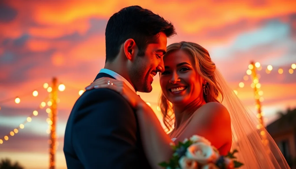 Tampa wedding photographer capturing a joyful couple under a vibrant sunset, showcasing intimate wedding moments.