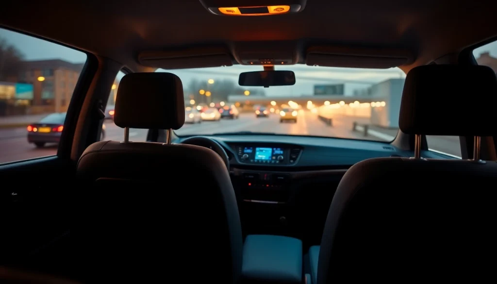 Journeying in a taxi Nottingham to Heathrow Airport with comfortable seating and vibrant city lights.