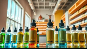Liquid Angebote in modernem Vape Shop mit bunten Flaschen im Vordergrund.