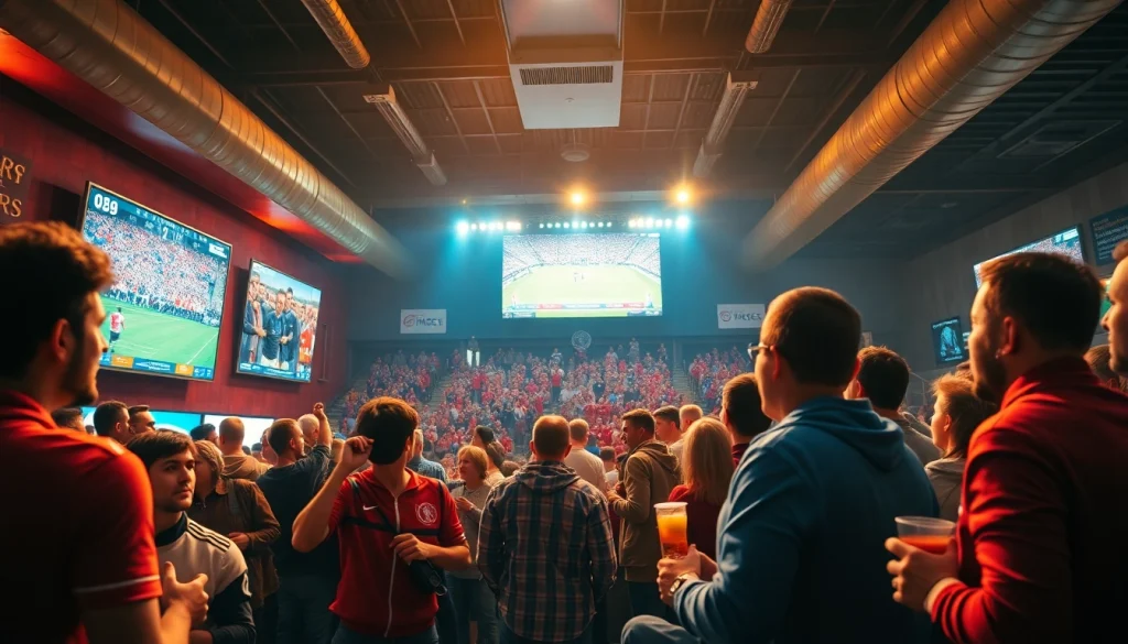 스포츠중계를 즐기는 다양한 팬들이 모여 있는 스포츠 바의 생동감 있는 장면.
