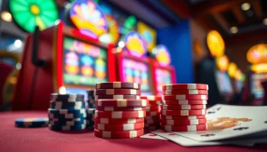 Akses permainan kasinojitu dengan chips kasino berkilau dan suasana kasino yang hidup.