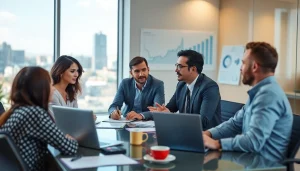 Engaging financial advisor San Antonio working with diverse clients in a professional office.