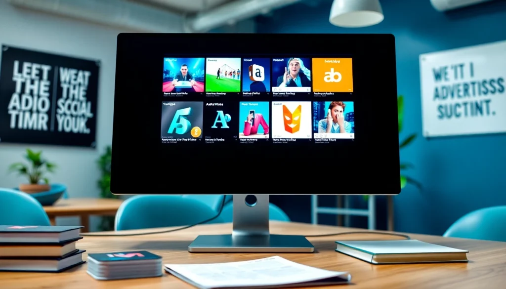 Engage with social media ads through a vibrant digital marketing workspace depicting innovative strategies.