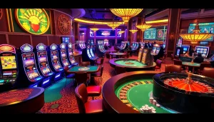 A lively casino scene showcasing KJC gambling excitement with poker tables and vibrant slot machines.
