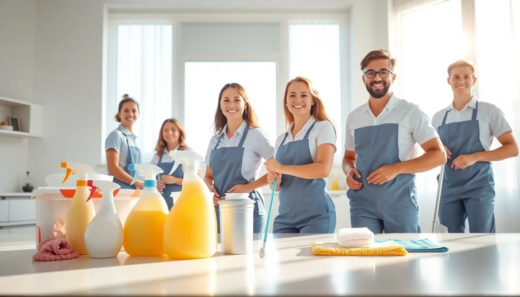 Cleaning Service team actively organizing and cleaning a bright modern home, showcasing professionalism.