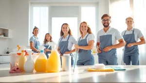 Cleaning Service team actively organizing and cleaning a bright modern home, showcasing professionalism.