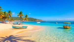 Clima em Paripueira retratado por uma cena de praia ensolarada, com águas claras e palmeiras.