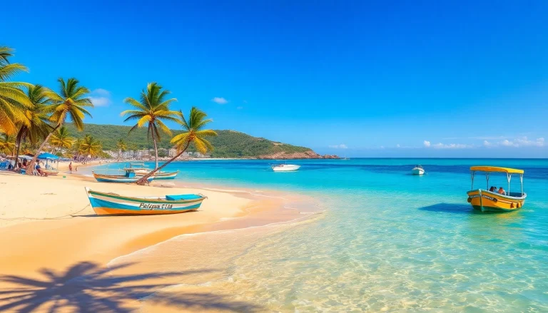 Clima em Paripueira retratado por uma cena de praia ensolarada, com águas claras e palmeiras.