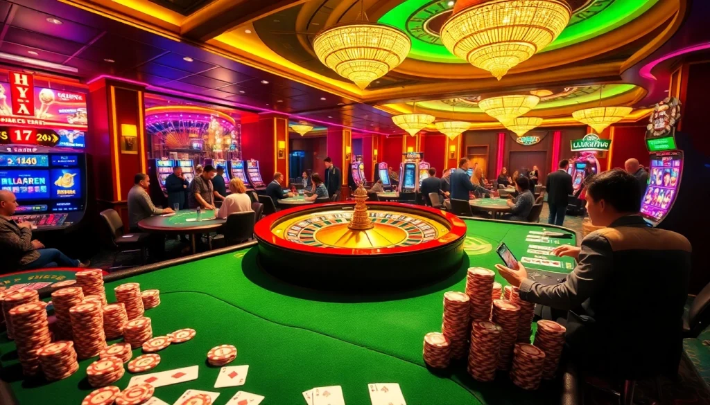 Engaging gambling scene at a casino showcasing action at https://1mm888.com/ with roulette, poker, and vibrant lighting.