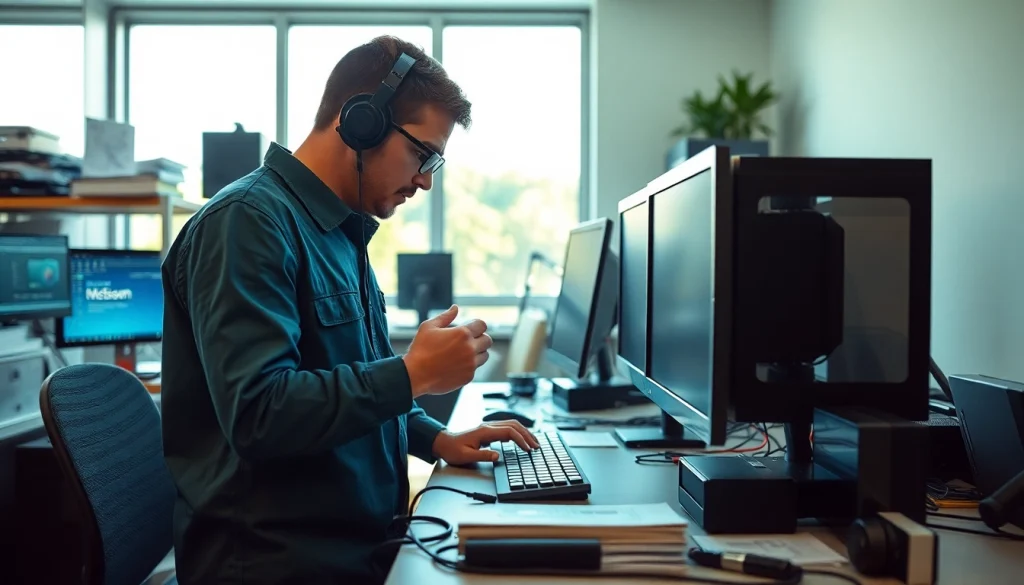 Technician providing expert computer help in a modern workspace with advanced equipment.