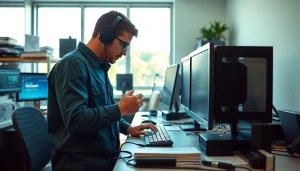 Technician providing expert computer help in a modern workspace with advanced equipment.