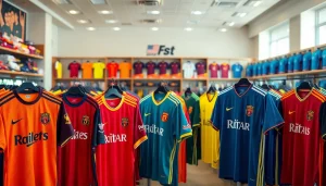Showcasing a variety of cheap football kits in a vibrant sports store setting.