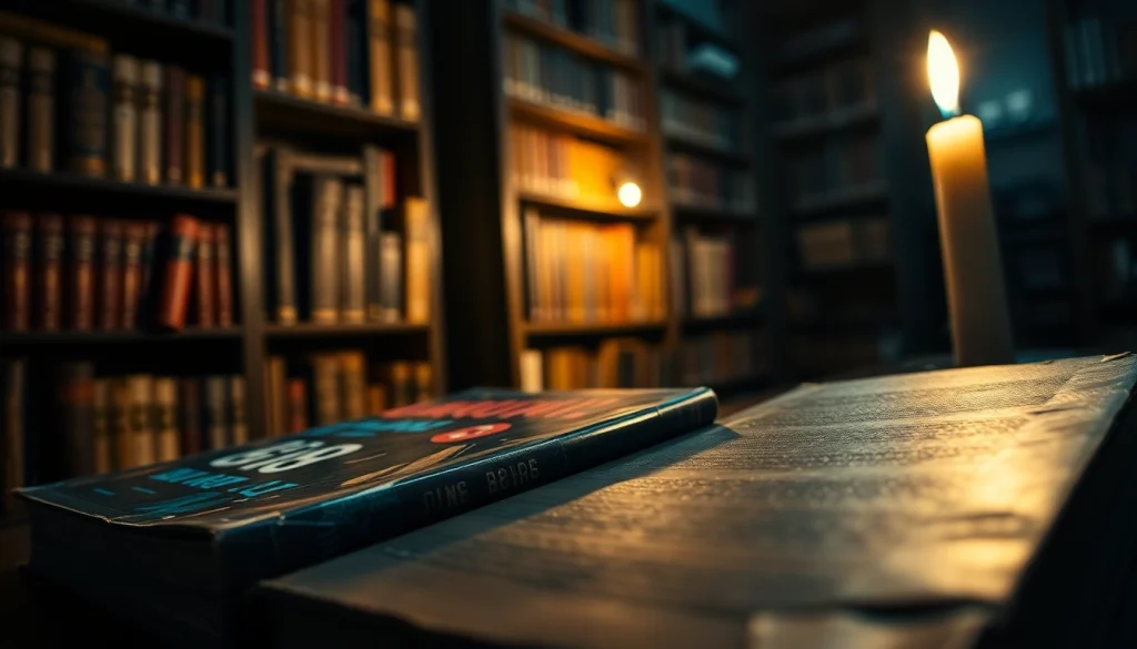 Engaging thriller book resting in a dim library setting, evoking suspense and mystery.