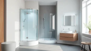 Admirez l'élégant meuble de salle de bain sirhona avec cabine de douche moderne.