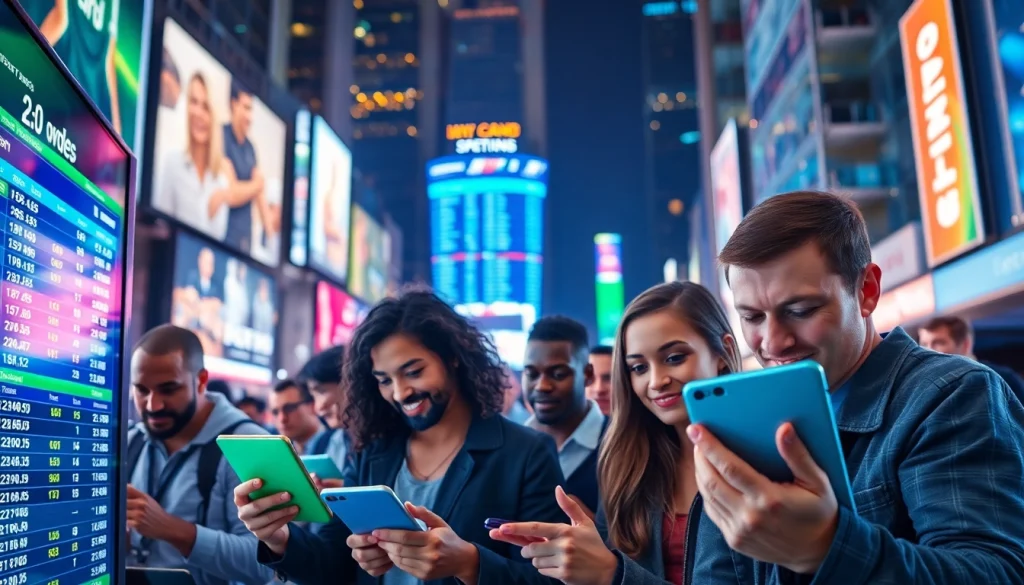 Engaged group of bettors exploring the best sports betting sites in India in a bustling city environment.