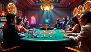 Trải nghiệm sự sang trọng của Bet VIP với hình ảnh sòng bạc sống động của những người chơi poker tại bàn cược lộng lẫy.