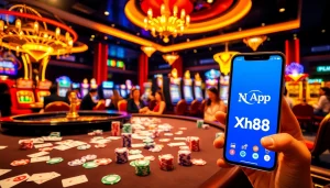 Enhance your gaming experience with the Tải App XN88 logo in a vibrant casino setting.