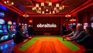 Pemain menikmati permainan seru di meja poker mewah obraltoto, dikelilingi mesin slot yang penuh warna.