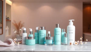 Framvisning av de bästa K-beauty-produkterna på en marmorbänkskiva med blomsterarrangemang.