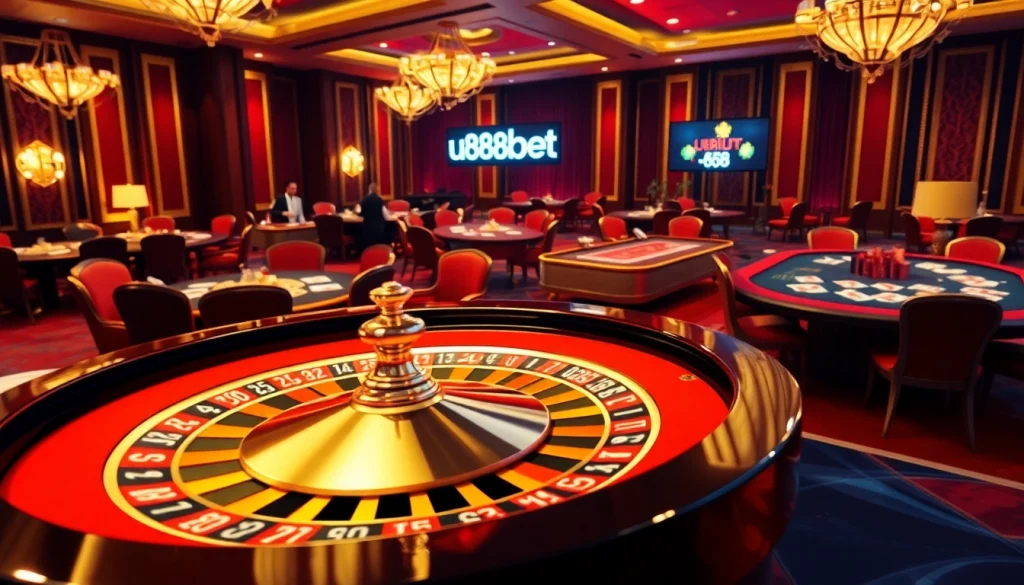 Experience the thrill of u888bet with luxurious casino games, poker chips, and a spinning roulette wheel.