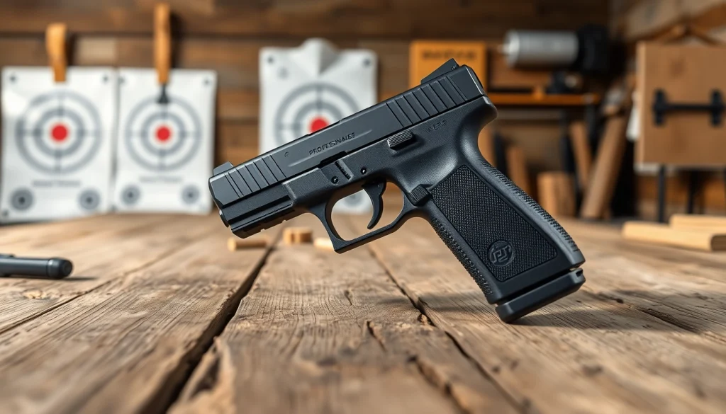 Showcasing polymer-80 handgun design on rustic table with shooting targets blurred in background.