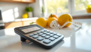 Use this calorie calculator to track daily caloric intake with a modern device on a kitchen countertop.