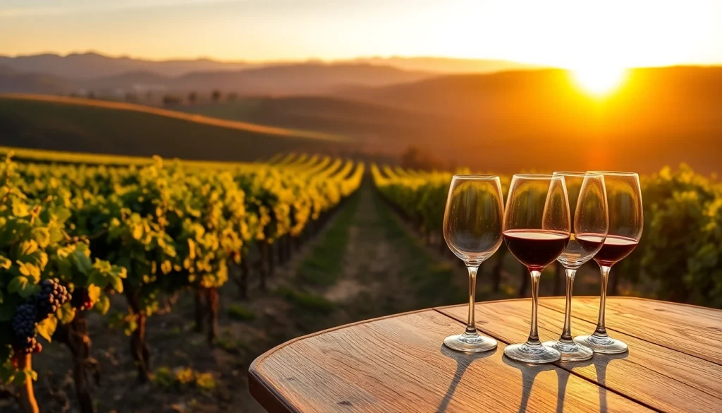 Savoring exquisite wines in Sacramento Wineries with rows of grapevines and sunset backdrop.