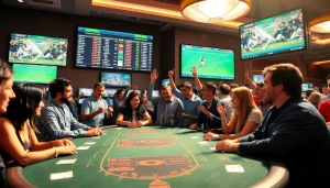 Engaged patrons in sports betting Oklahoma casino atmosphere celebrating wins.