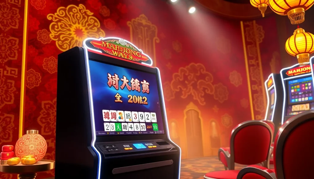 Menggambarkan permainan mahjong ways 2 dengan mesin slot modern dan motif China yang ceria.