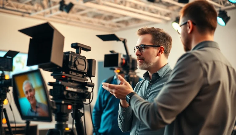 Focused team members collaborating on video production edmonton project in a modern studio.