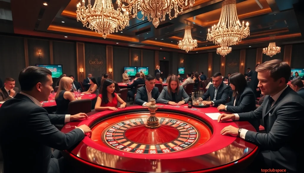 Excited players at a roulette table in a luxurious casino environment at https://topclub.space/.