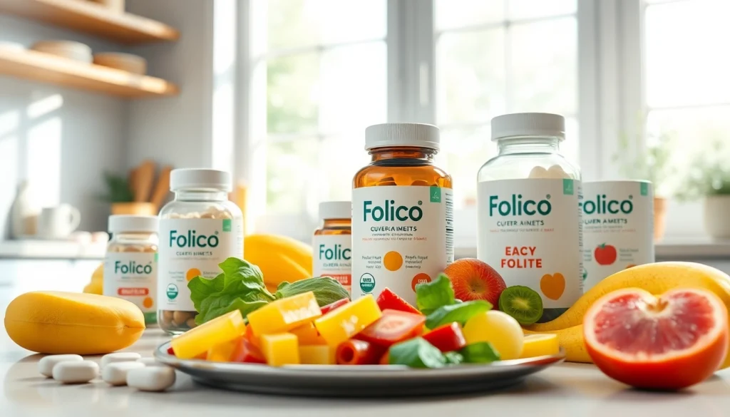 妊婦さんと妊活のための葉酸サプリおすすめ。明るいキッチンでカラフルなサプリと新鮮な野菜・果物が並ぶ。