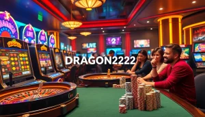 Experience DRAGON222 excitement with vibrant slot machines, poker chips, and roulette in an online casino.