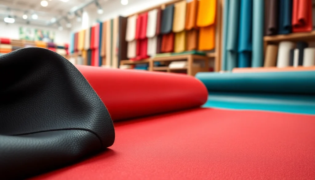 Bekijk verschillende texturen van skai leer in een kleurrijke showroom met stoffen.