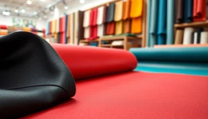 Bekijk verschillende texturen van skai leer in een kleurrijke showroom met stoffen.