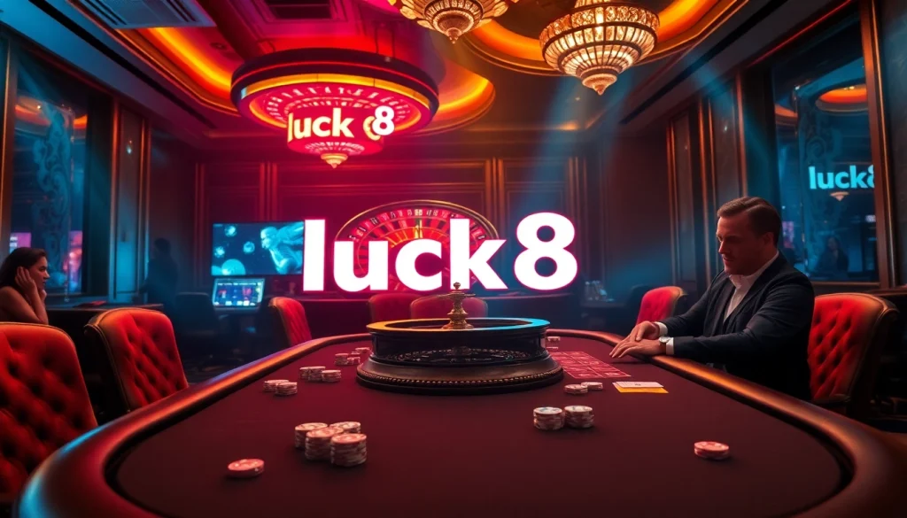 Casino scene showcasing thrilling gambling activities at luck8 with poker chips and roulette.