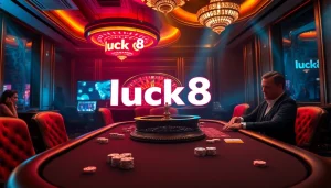 Casino scene showcasing thrilling gambling activities at luck8 with poker chips and roulette.