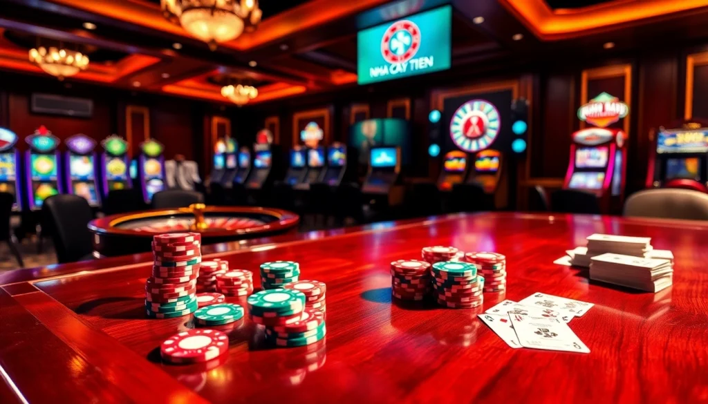 Experience the excitement of Nhà Cái Uy Tín with a vibrant casino setup showcasing poker chips and slot machines.