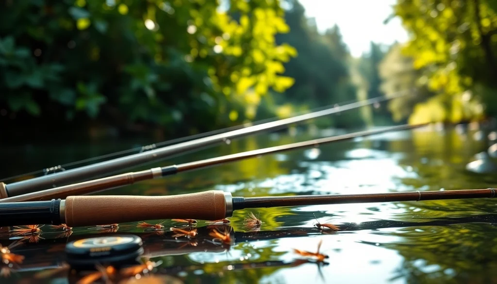 Showcasing the best fly fishing rods beside a tranquil river, emphasizing detail and quality.