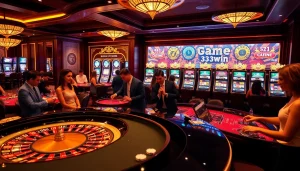 Enjoying the thrilling game 33win at a luxurious casino with vibrant slot machines and an elegant roulette table.