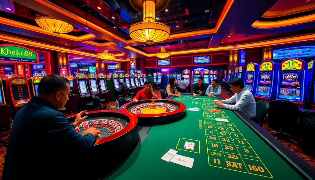 Khela88 Bangladesh players enjoying a vibrant online casino experience with roulette, slots, and poker tables.
